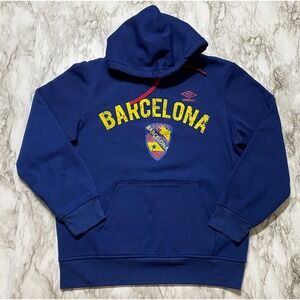 Umbro Sweatshirt Men's Size L Blue Hoodie Fleece BARCELONA SPAIN Logo Pullover